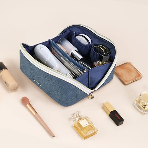 Prite Makeup Bag for Women Travel Waterproof Vegan Leather Cosmetic Bag Open Flat Toiletry Bag With Clear Divider and Handle (Blue Flower, Medium) - color: Blue Flower, size: Medium