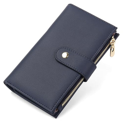 yiijay Wallet for Women RFID Blocking Leather Trifold Clutch Wallet Credit Card Holder Ladies Travel Wallet Purse with Pen Holder - color: 1Royal Blue