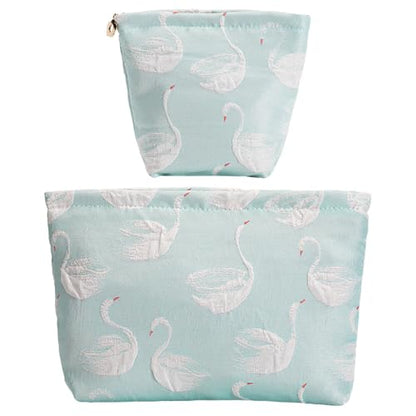 2-Pack Swan Print Makeup Bag Set - Large Capacity Light Blue Cosmetic Organizer | Travel Toiletry Pouch for Women Girls (Cute Animal Print, Zipper Closure) - color: B04-Swan Blue