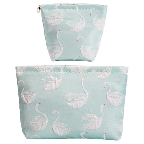 2-Pack Swan Print Makeup Bag Set - Large Capacity Light Blue Cosmetic Organizer | Travel Toiletry Pouch for Women Girls (Cute Animal Print, Zipper Closure) - color: B04-Swan Blue