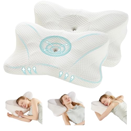 DUMOS Cervical Neck Pillow Set of 2, Memory Foam Contour Pillow with Arm Rest Slot and Soft Breathable Pillowcase, Ergonomic Dual-Height Orthopedic Support for Side, Back, and Stomach Sleepers, White - color: Off-white, size: Queen Size 2 Pack 24.02"Lx13.