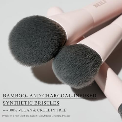 BEILI Mini 6Pcs Makeup Brush Set – Soft Pink, Travel Makeup Brushes for Foundation, Contour, Highlighter & Blending, Includes Sponge and Gift-Ready Box - color: Pink