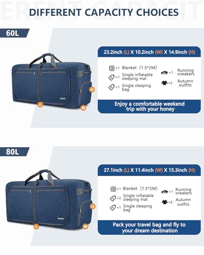 Gonex Large Foldable Travel Duffle Bag with Shoes Compartment, Packable Lightweight Water Repellent Duffel Bag for Camping Gym Weekender Bag - color: Dark Blue, size: 60L