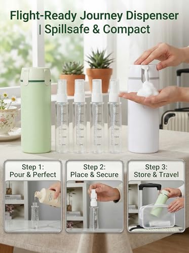 4 in 1 Travel Dispenser Bottle for Flying Essentials Camping Toiletries Pump Leak Proof Size TSA Travel Containers Portable Refillable Hard Shell Rotating Design with Scale and Labels (White) - color: White