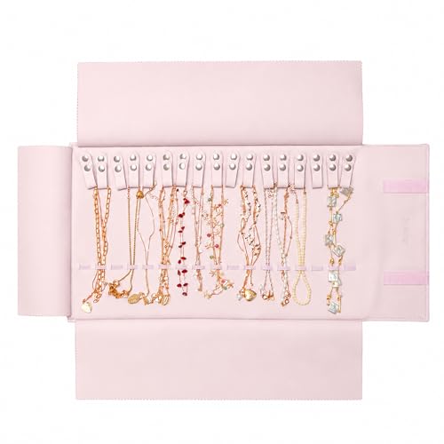 UnionPlus Travel Jewelry Roll, Faux Leather Necklaces Organizer Bag, Elastic Band and Anti-winding, Petal Pink - color: Leather Petal Pink, size: Medium