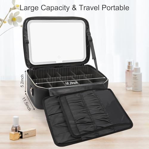 Relavel Makeup Case Large Makeup Bag with LED Mirror, Professional Train Case 16.2 inch, Travel Cosmetic Organizer Brush Holder Waterproof Makeup Artist Storage Box with Adjustable Strap - color: with led mirror black, size: Large