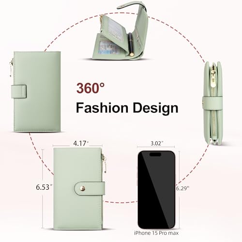 yiijay Wallets for Women RFID Blocking Leather Trifold Clutch Wallet Credit Card Holder Ladies Travel Wallet Purse with Pen Holder - color: 1Green