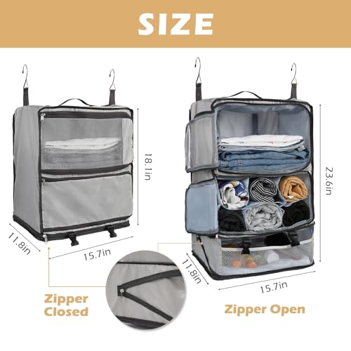 Surblue Hanging Shelves Travel Compression Packing Cube for Carry-on Luggage Suitcase Collapsible Transformable Garment Closet Organizers Large Capacity, Lightgrey, XXL - color: Lightgrey, size: XXL_14.96*11.47*22.83in