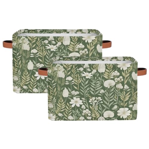 White Flower Green Leaf Rectangular Storage Bin Collapsible Storage Basket Organizer Boxes with Leather Handle Storage Cube for Shelves Toy Laundry Nursery 2 PC - color: White Flower Green Leaf, size: 2 Pcs