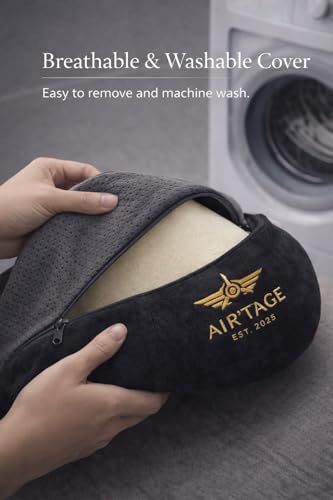 Travel Pillow for Airplane & Long Flights – Memory Foam Neck Support with Chin Support Design, Washable Cover, Eye Mask & Ear Plugs, Compact Carry Bag