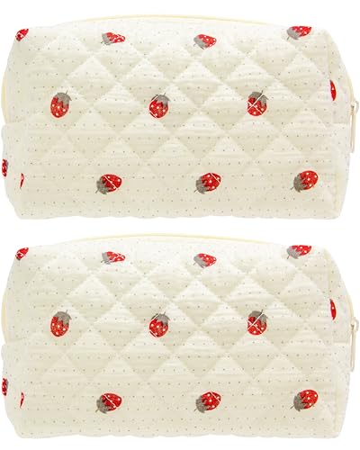 PAZIMIIK 2PCS SET Vintage Quilted Makeup Bag Cosmetic Pouch for Brushes Pencils and Travel Make Up Accessories for Women and Girls Gauze Strawberry - color: Gauze Strawberry, size: 2PCS