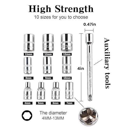 Egofine 12pcs 1/4 Inch Mini Ratchet Socket Wrench Set, Drive Socket Set with 10 Sockets (4-13mm) and 2 Way Quick Released Ratchet Handle and Extension Bar - size: 1/4, style: 12PC Standard Socket Set