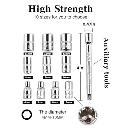 Egofine 12pcs 1/4 Inch Mini Ratchet Socket Wrench Set, Drive Socket Set with 10 Sockets (4-13mm) and 2 Way Quick Released Ratchet Handle and Extension Bar - size: 1/4, style: 12PC Standard Socket Set