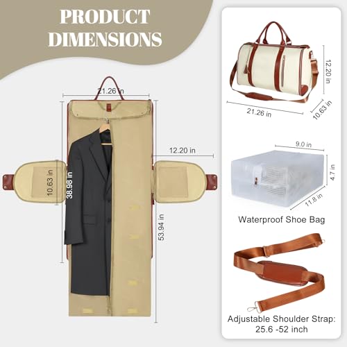 Geestock Garment Duffle Bags for Travel, Convertible Carry On Garment Bag with Shoe Pouch & Shoulder Strap, 2 in 1 Foldable PU Leather Suit Travel Bag for Women & Men, Beige - color: Beige & Brown
