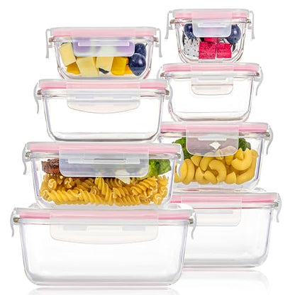 Vtopmart 8 Pack Glass Food Storage Containers with Airtight Lids, Glass Meal Prep Containers, Lunch Containers for Microwave, Oven, Freezer and Dishwasher, BPA Free - color: Pink