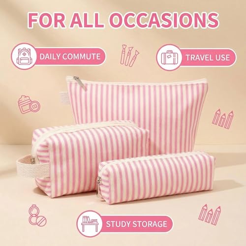 3 Pcs Canvas Makeup Bag Set Cosmetic Pouch for Women Travel Toiletry Bag Cute Makeup Organizer Purse Pouch Preppy Pencil Case with Zipper (Pink Pinstripes) - color: Pink Pinstripes