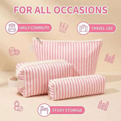 3 Pcs Canvas Makeup Bag Set Cosmetic Pouch for Women Travel Toiletry Bag Cute Makeup Organizer Purse Pouch Preppy Pencil Case with Zipper (Pink Pinstripes) - color: Pink Pinstripes