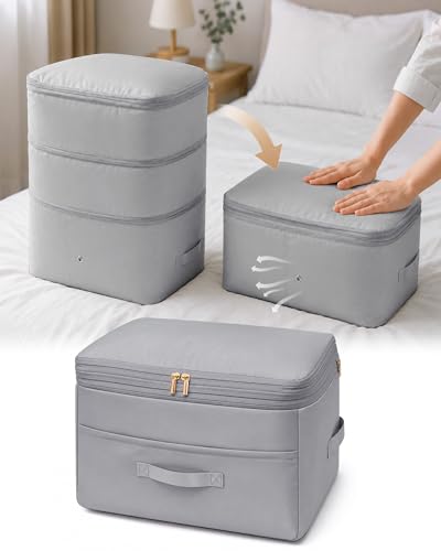 Ultra Space Saving Self Compression Organizers, Double Zipper Compression Packing Cubes for Bedding, Comforter Storage Bag for Blankets Duvet Quilts Pillows Queen King (Gray, X-Large) - color: Gray, size: 1 Pack (X-Large)