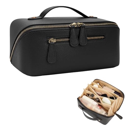 Travel Makeup Bag Large Capacity Cosmetic Bags for Women Waterproof Make up Organizer Toiletry Bag Open Flat Portable with Divider with Handle Pouch (Black, 2L) - color: Black, size: 2L