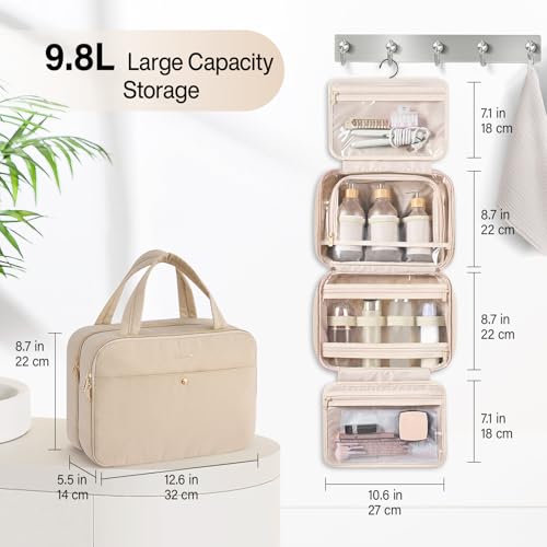Hanke Hanging Travel Toiletry Bag for Women with Jewelry Organizer Compartment, Travel Essentials Toiletries and Makeup Bag, Water-Resistant & Stain-Resistant with Trolley Strap (Apricot) - color: Apricot