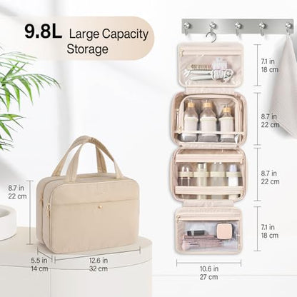 Hanke Hanging Travel Toiletry Bag for Women with Jewelry Organizer Compartment, Travel Essentials Toiletries and Makeup Bag, Water-Resistant & Stain-Resistant with Trolley Strap (Apricot) - color: Apricot