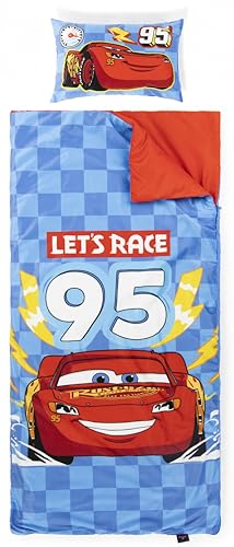 Jay Franco Kids Slumber Bag and Pillow - 54 x 27 Inch Comfy Indoor Sleeping Bag for School and Sleepovers, 2 Piece Set, Blue - Cars - color: Blue - Cars