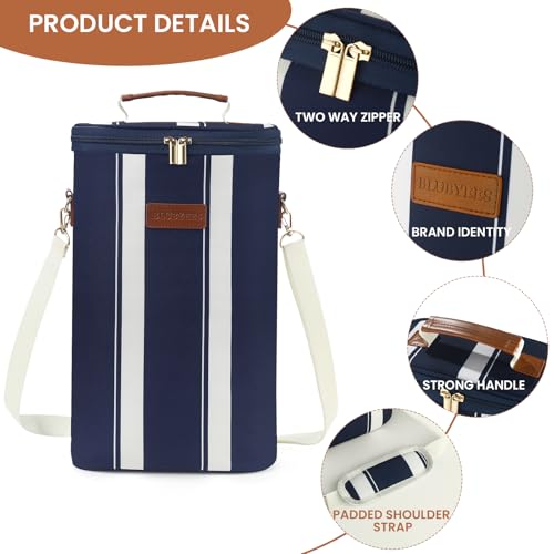 BLUBYEES 2-Bottle Insulated Wine Carrier Tote - Leakproof Padded 900D Oxford Wine Cooler Bag for Travel, Picnics, Beach & Parties - Ideal Wine Gift for Wine Lovers - color: Prussian Blue