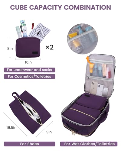 LOVEVOOK 40L Travel Backpack for Women & Men, Airline Approved Carry On Luggage with 3 Packing Cubes, TSA Overnight Bags, Waterproof Personal Item Bag, Weekender Essentials Backpacks fits 17" Laptop - color: Purple-beige-black, size: Large
