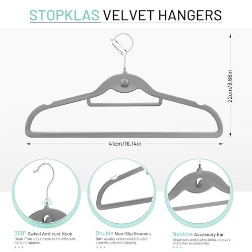 Velvet Stackable Hangers 30 Pack, STOPKLAS Grey Clothes Hangers Non Slip Felt Hanger with 360° Swivel Hook, Thin Hangers Space Saving, Heavy Duty Closet Hanger for Clothes, Coats, Suits, Dress, Pants - color: Gray