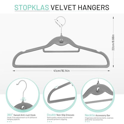 Velvet Stackable Hangers 30 Pack, STOPKLAS Grey Clothes Hangers Non Slip Felt Hanger with 360° Swivel Hook, Thin Hangers Space Saving, Heavy Duty Closet Hanger for Clothes, Coats, Suits, Dress, Pants - color: Gray
