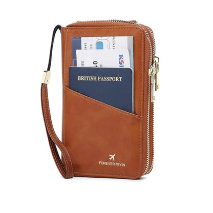 GOIACII Passport Wallet Travel Crossbody Bags for Women Wristlet Phone Purse Double Zip Vegan Leather Brown - color: A01 Brown