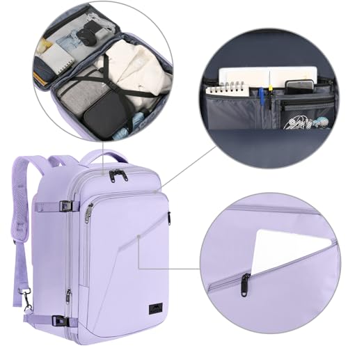 MATEIN Carry on Backpack for Women, 40L Heavy Duty Travel Backpack Airplane Approved, Expandable Simple Fashion Daypack, Frequent Traveler Gifts, Light Purple - color: Light Purple, size: X-Large