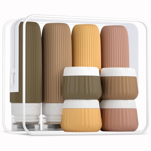 Mrsdry Travel Bottles 8 Pack, TSA Approved 3 oz Travel Toiletries Containers with Clear Bag, Leak Proof Silicone Squeezable Essentials Jars - color: Apricot, size: Bottle 3oz Jars 1oz