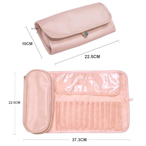 Folding Makeup Brush Bag,Travel Toiletry Bag with Separate Brush Compartment for Brushes & Skincare, Toothbrush Holder,Rollup & Open Flat cosmetic Organizer,Portable Waterproof &Hanging (Pink) - color: Pink