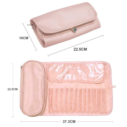 Folding Makeup Brush Bag,Travel Toiletry Bag with Separate Brush Compartment for Brushes & Skincare, Toothbrush Holder,Rollup & Open Flat cosmetic Organizer,Portable Waterproof &Hanging (Pink) - color: Pink