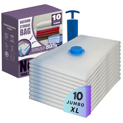 10 XL Jumbo Vacuum Storage Bags with Pump, Extra Large Compression Space Saver for Comforter, Duvet, Bedding, Blanket Storage, Vacuum Seal Bags for Clothing, Luggage Suitcase and Closet Organizer - size: 10 Jumbo XL