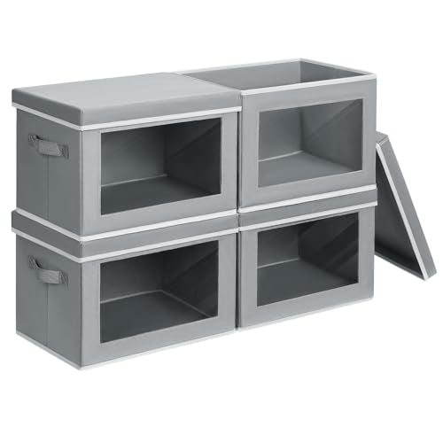 Homsorout Storage Bins with Lids - Fabric Closet Storage Bins with Window, Collapsible Baskets for Shelves 4 Pack, Home Decorative Boxes for Clothes, Closet, Office, Grey - color: Grey, size: L(4-Pack)