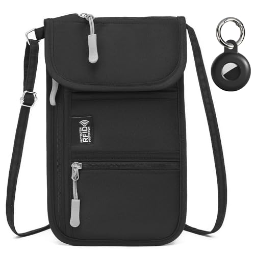RFID Blocking Passport Holder for Travel with Tracker Case, Neck Wallet with Adjustable Lanyard 6 Compartments Pouches Passport Wallet for Family (Black) - color: RFID Blocking with Tracker Case, Black