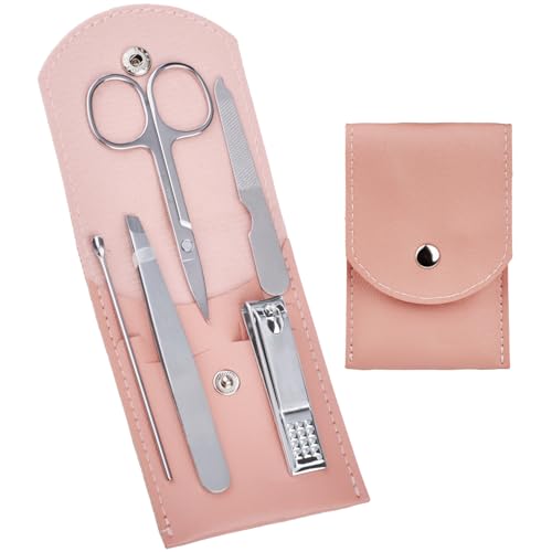 HANTEKAS Travel Manicure Set Professional Nail Clipper Kit-5 Pieces Stainless Steel Manicure Kit, Women Men Grooming kit With Nail Care Tools Beauty Scissors Tweezers (Silver Pink) - color: Pink