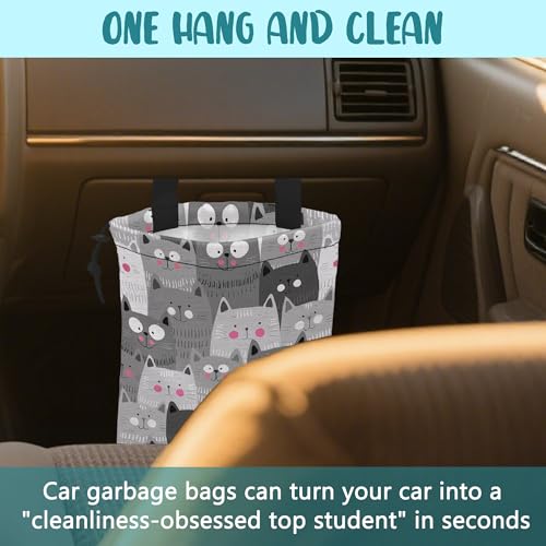 Car Garbage Bag Cute Grey Cats Drawstring Car Trash Bag Hanging for Back Seat with Adjustable Buckle Canvas Vehicle Trash Can Easy-to-Install - color: Cute Grey Cats