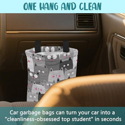 Car Garbage Bag Cute Grey Cats Drawstring Car Trash Bag Hanging for Back Seat with Adjustable Buckle Canvas Vehicle Trash Can Easy-to-Install - color: Cute Grey Cats