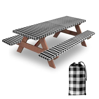 7ft Picnic Table and Bench Cover, Camping Essentials RV Gear, 84 in Waterproof Windproof Outdoor Elastic All Around Tablecloth, Fitted Rectangle Tables and Seats, Black-White Checkered - color: Black-white Checkered, size: 84"