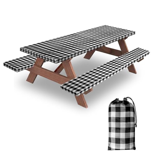 7ft Picnic Table and Bench Cover, Camping Essentials RV Gear, 84 in Waterproof Windproof Outdoor Elastic All Around Tablecloth, Fitted Rectangle Tables and Seats, Black-White Checkered - color: Black-white Checkered, size: 84"