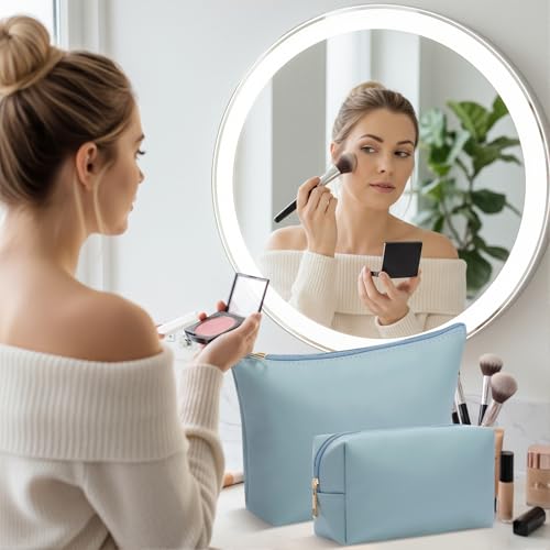 Kigeli 2 Pcs PU Leather Makeup Bag Set for Women Waterproof Aesthetic Cosmetic Bag Large & Small Travel Toiletry Organizer Pouch Skincare Organizer Bridesmaid Mother's Day Birthday Gift(Blue) - color: Blue