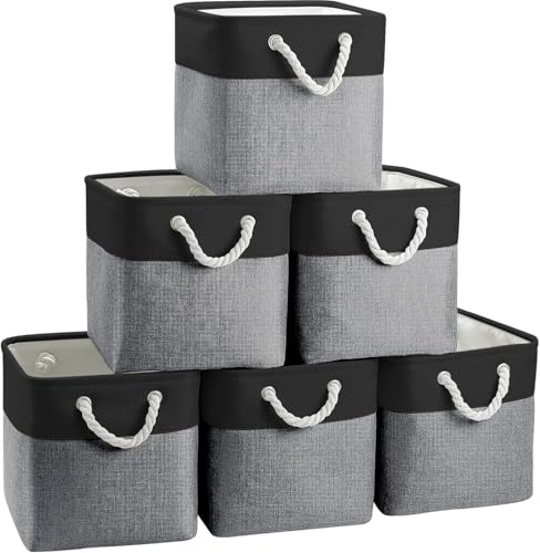 Fabric Storage Cubes 13 x 13, Collapsible Storage Bins for Shelf Baskets, Cube Storage Organizer Black Gray Bins with Cotton Handles,Foldable Storage Bin box,Cube Storage Bin 6 Pack - color: black gray