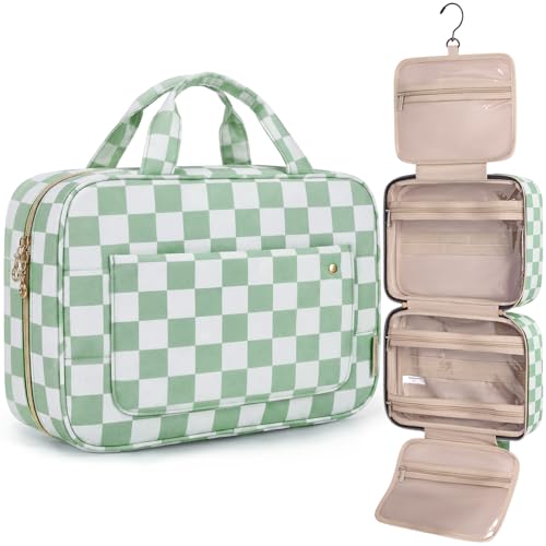 BAGSMART Toiletry Bag Travel Bag with Hanging Hook, Water-resistant Makeup Cosmetic Bag Travel Organizer for Accessories, Shampoo, Full-size Container, Toiletries (Green Checkerboard, Large) - color: Green Checkerboard, size: Large