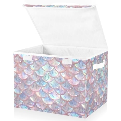senya Baskets Collapsible Storage Bins with Lids, Pastel Sheer Mermaid Scales Storage Boxes Clothes Baskets for Organizing, B06D22020 - color: Scales 2