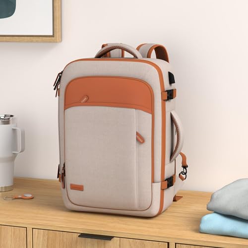 Lumesner Carry on Travel Backpacks, Extra Large 40L Flight Approved Bag for Men & Women,Expandable Suitcase Backpack With 4 Packing Cubes,Water Resistant Luggage Daypack Business Weekender Bag, Beige - color: Beige