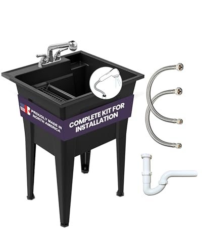 Freestanding Utility Sink with Two Handle Chrome Faucet - 24" Plastic Utility Sink for Garage, Laundry, Indoor and Oudoor Use - Laundry Tub Kit by Noah William Home - Black (19.5 gal) - color: Black - Two handle chrome faucet