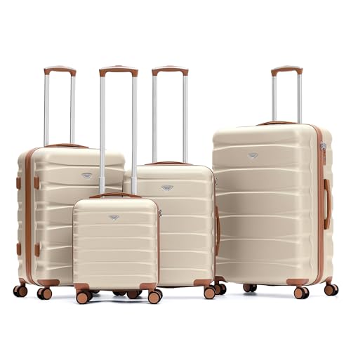 Flight Knight Luggage Set For Travel Expandable 4 Piece Large Checked Bags TSA Lock 360 Silent Double Spinner Wheels Hardside Suitcase With 24x16x10 Carry-On Max Bag Size Virgin, South West Airlines - color: Cream/Tan, size: 4 Piece Set (18/24/27/31")